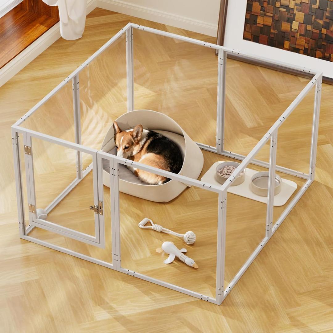Clear Acrylic Dog Play Pen Indoor - 39 Inch 8-Panel Pet Enclosure for Small Dogs & Cats, Outdoor Use with Door, Easy Assemble & Cleaning