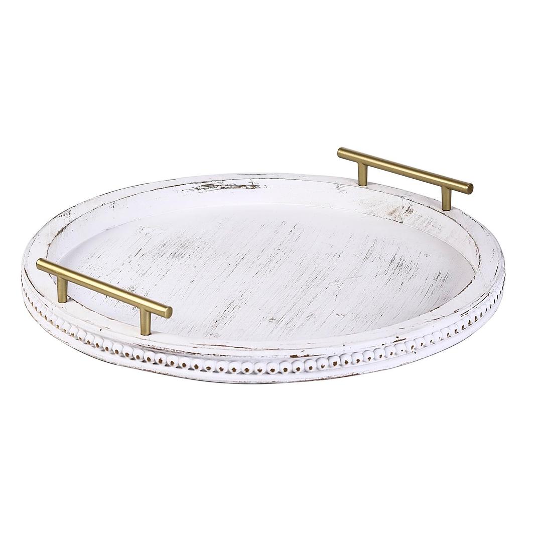 FESTWIND Decorative Tray for Coffee Table Decor Wooden Tray with Handles Round Trays for Home Decor Beaded Tray for Kitchen Counter Living Room Countertop Display