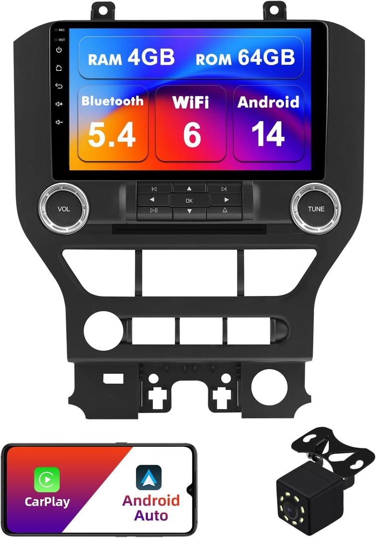 4+64G Android 14 Double Din Car Stereo for Ford Mustang 2015-2020 with 9 Inch Touchscreen Radio Built-in Wireless Carplay/Android Auto/GPS/Bluetooth/FM/AUX-in/Steering Wheel Controls/Backup Camera