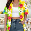 Easter Shirt for Women: Happy Easter Shirts Cute Rabbit Graphic T Shirt Short Sleeve Button Down Tee Tops (Yellow, S)