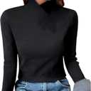 XNC Women's Fall Winter Long Sleeve Turtleneck Brown Plain T Shirts High Stretch Mock Neck Warm Underwear Pullover Fit Tees (Large, Black)