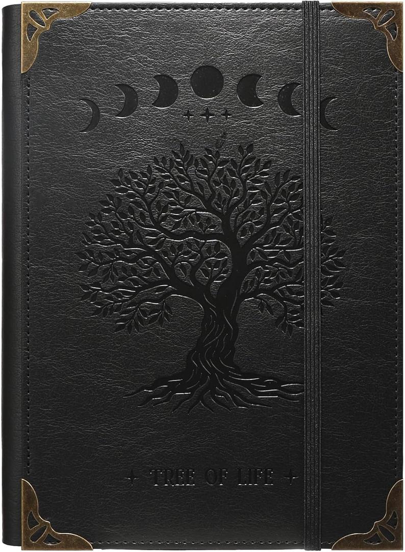TIEFOSSI A5 Binder 6 Ring Notebook for Women Men, Hardcover PU Leather Journal, Vintage Tree Journals, College Ruled Notebook for School, Planner, Travel, Work, Organizer (Black)