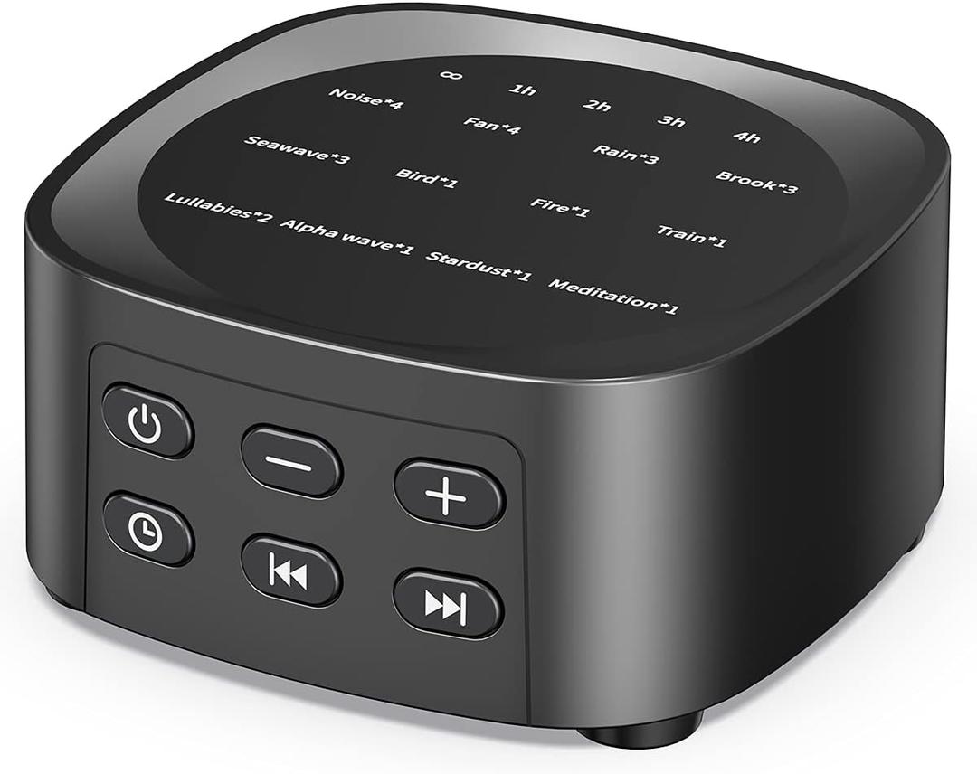 Sleepbox Sleep White Noise Sound Machines with 25 Soothing Sounds 36 Volume Levels 5 Timers Visible Sound Catalog Portable Size Memory Function for Home Office and Travel (Black)