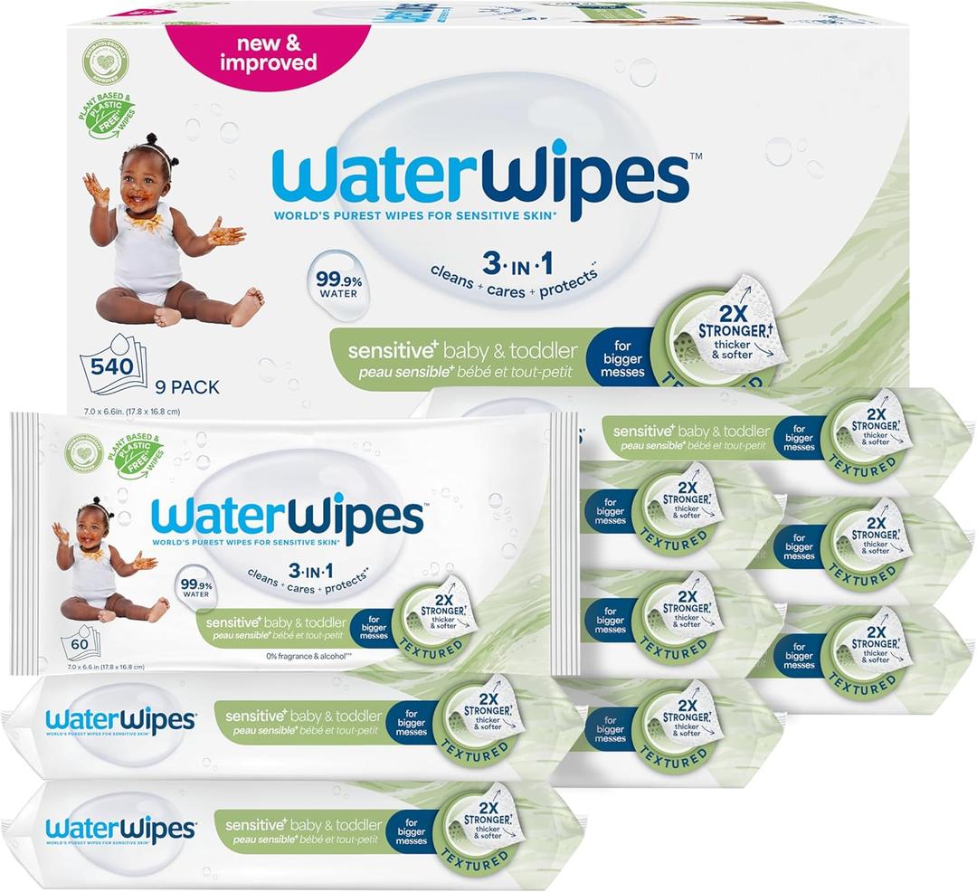 WaterWipes Sensitive+ Baby & Toddler Wipes, 3-In-1 Cleans, Cares, Protects, 99.9% Water, Textured Clean, Unscented & Hypoallergenic, 540 Count (Pack of 9)