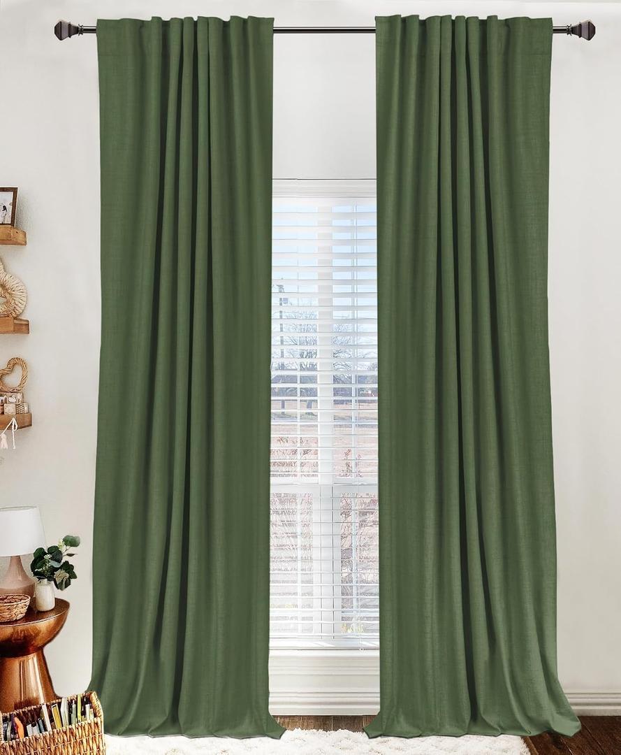 100% Blackout Shield Linen Blackout Curtains for Bedroom 84 Inches Long, Back Tab/Rod Pocket Living Room Drapes, Thermal Insulated Blackout Curtains 2 Panels Set, 50" W x 84" L, Moss Green
