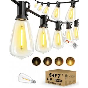 Outdoor String Lights Waterproof, 54FT Dimmable Patio Lights with 24+1 Shatterproof Edison Bulbs, 2700K ST38 LED Outdoor Hanging Lights for Gazebo, Backyard, Balcony, Garden, Party Decor