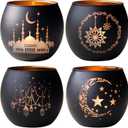 Ramadan Table Decor 4 Pcs, Elegant Black & Gold Glass Tealight Candle Holders, Votive Candle Holders Ramadan Decorations for Home, Eid Mubarak Decorations, Islamic Gifts for Home