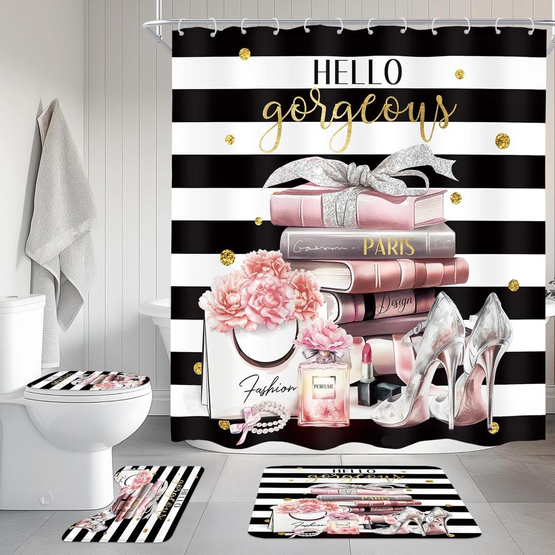 Cinbloo 4Pcs Pink Black Girls Bathroom Sets with Shower Curtain and Rugs, Fashion Flower Perfume Toilet Lid Cover, Bath Mat, Women Girly White Striped High Heels Books Shower Curtain with 12 Hooks