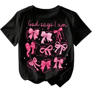 SOLY HUX Girl's Summer Short Sleeve Bow Graphic Tee Shirts | Crew Neck, Loose Fit, Casual, Cute Tops For Teens, Preppy Clothes For Girls 10-12 (Black)