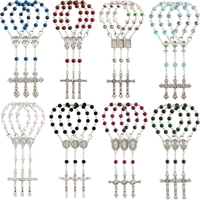 Juvale 24 Pack Small Catholic Rosary Bracelet for Women and Men - Prayer Beads for Baptism Christening, Prayer Room, Altar, (8 Colors & Crucifix Designs) - Rosary Beads Bracelet