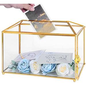 Ripprovt Glass Wedding Card Box with Lock, 12.6x5.9x9 inches Large Gold Card Boxes for Wedding Reception, Keepsake Display, Graduation, Party Centerpiece Decorative Box
