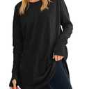 Fisoew Women's Casual Long Sleeve Tops Crew Neck Round Hem Loose T-Shirts Tunic Tops with Thumb Holes Black, Large