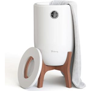 Fontaines Luxury Towel Warmer for Bathroom, Spa - Large Heated Thermal Bucket, Wood Handle, Safe Auto Shut Off, Fits Up to Two Large 40x70 Oversized Towels or Robes - White