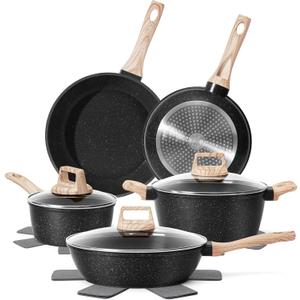 12 Pcs Pots and Pans Set Non stick, Cookware Sets Black Granite Induction Cookware, Non-toxic Healthy Nonstick Kitchen Cooking Set with Frying Pans Set, Saucepans (PFAS/PFOA/PFOS Free)