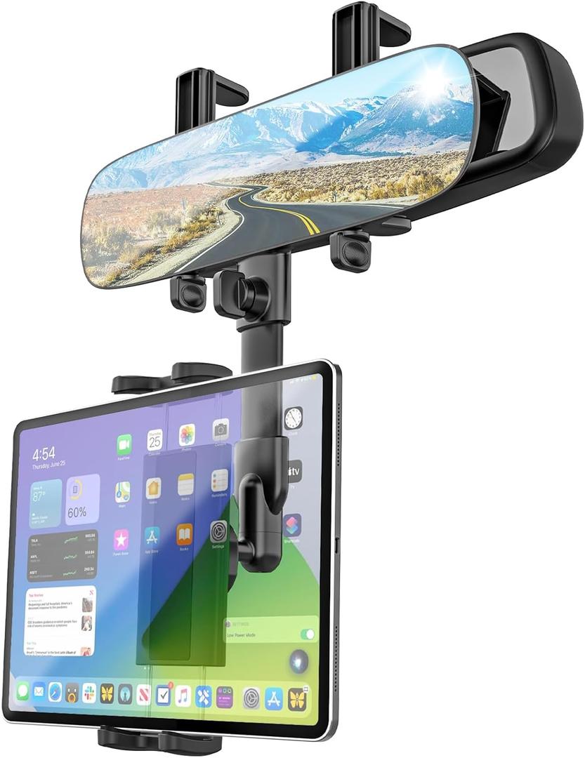 Rear View Mirror Tablet Holder for Car with Extra 11.6'' HD Rear Mirror, Metal Telescopic Arm Rearview Mirror Car Tablet Mount, Rear View Mirror Phone Holder for 4-13" ipad Mini Air, iPhone