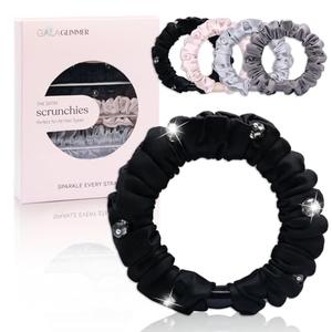 Rhinestones Scrunchies for Women Girls Anti-Crease, Gentle on Hair, Reduces Breakage Stylish, Durable, Ideal for All Hair Types-4 Pcs Black, Grey, Light Grey, Pink