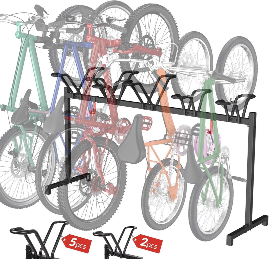 5 Bikes Floor Stand, Adjustable Bicycle Parking Rack with Hook for Garage, Indoor, Outdoor, Free Combination Bike Storage Cycle Rack for Mountain, Road and Kids Bikes, Max Tire Width 2.5
