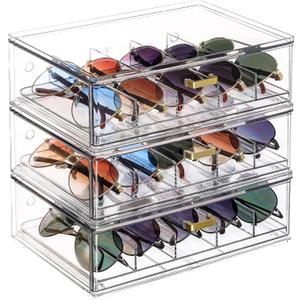 LALOBLUE Clear Acrylic Sunglasses Organizer, Stackable Eyeglass Storage Case with Gold Handles, Glasses Display Holder