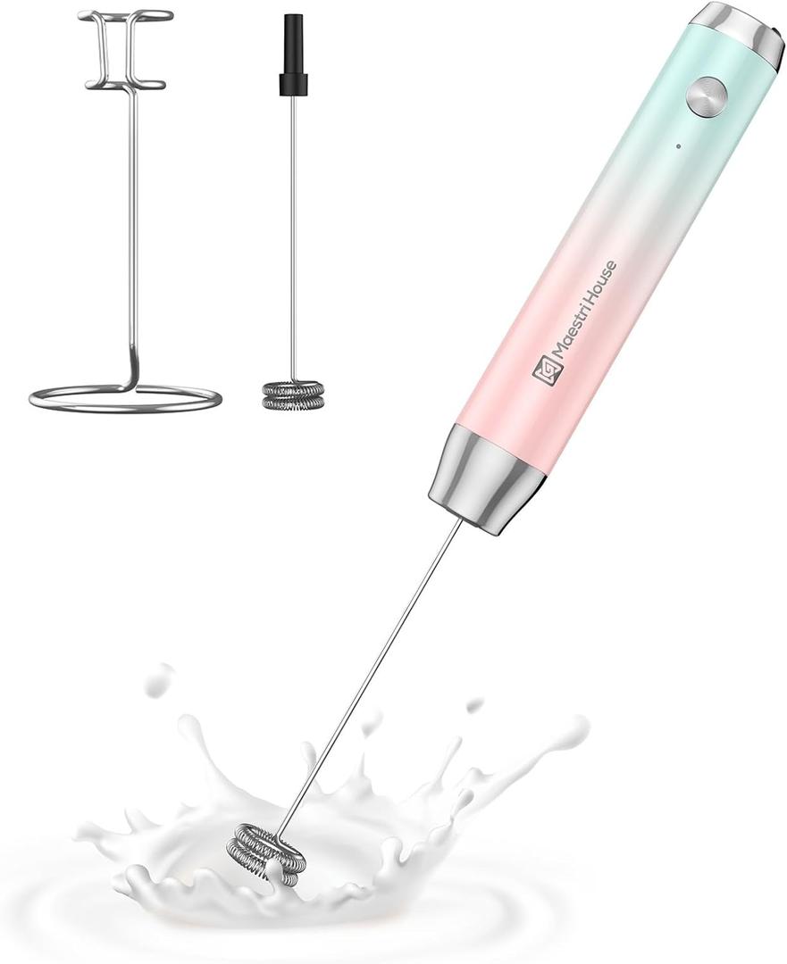 Maestri House Rechargeable Milk Frother with Stand, LunaFro Handheld Electric Foam Maker Waterproof Detachable Stainless Steel Whisk Drink Mixer Foamer for Lattes, Cappuccino (Blue and Pink)
