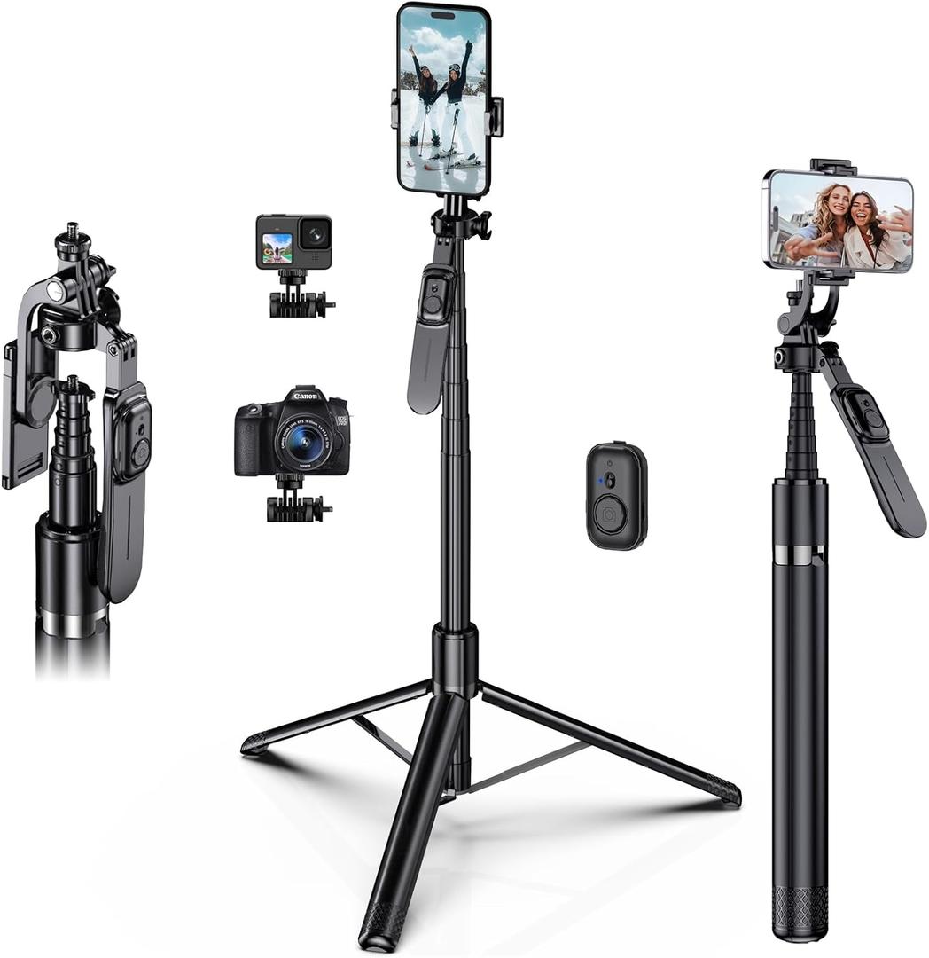 FOURPILLARS 80" Extra Tall Tripod for iPhone with Remote, 360 Rotating All-in-1 Extendable Selfie Stick for iPhone, Phone Tripod Stand for Video Recording, Compatible with Android, Camera, GoPro (Black)