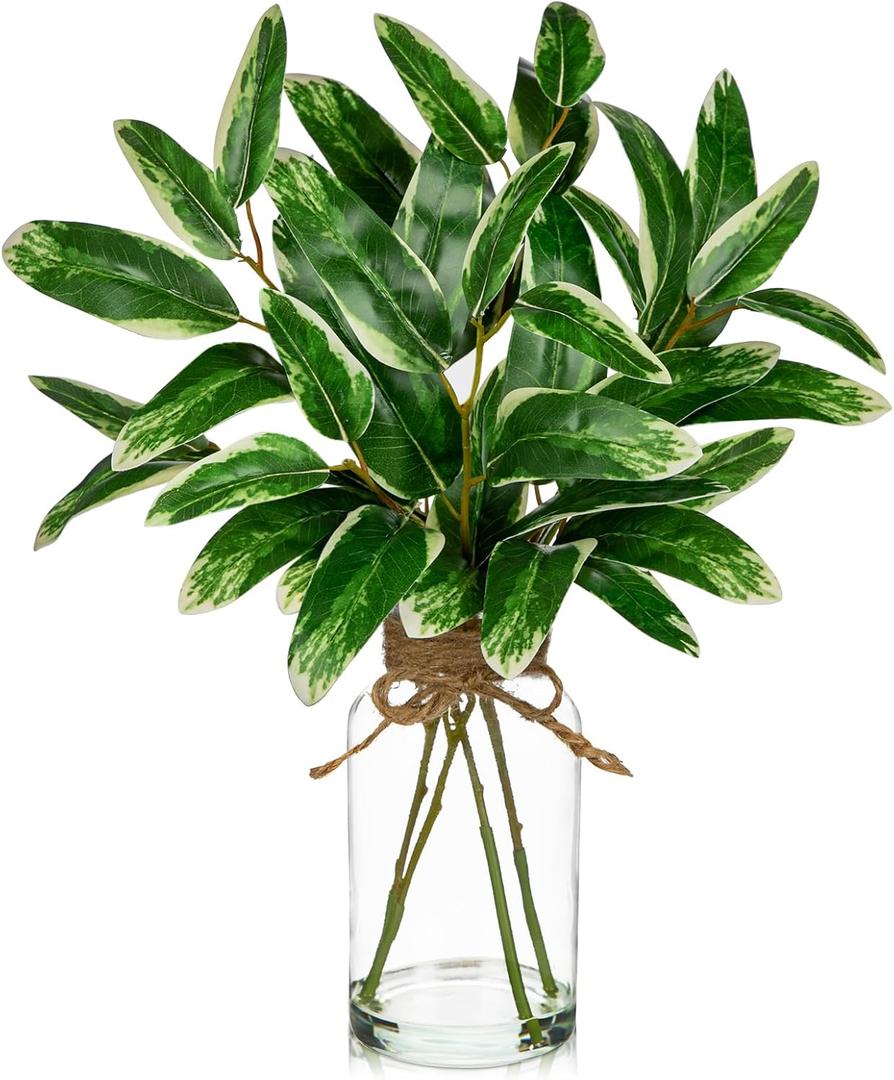 Artificial Eucalyptus Stems in Glass Vase with Faux Water, 13.8" Faux Plants Indoor Small Desk Plant, Silk Greenery Artificial Plants Indoor for Home Office Farmhouse Wedding Centerpiece Table Dcor, Green Eucalyptus Leaves