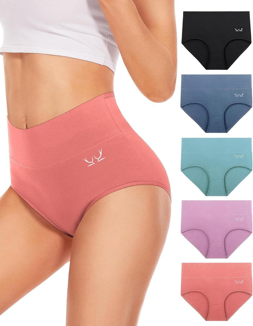 Women's Underwear High Waisted Ladies Cotton Panties Breathable Stretch Full Coverage Postpartum Brief, 5 Pack