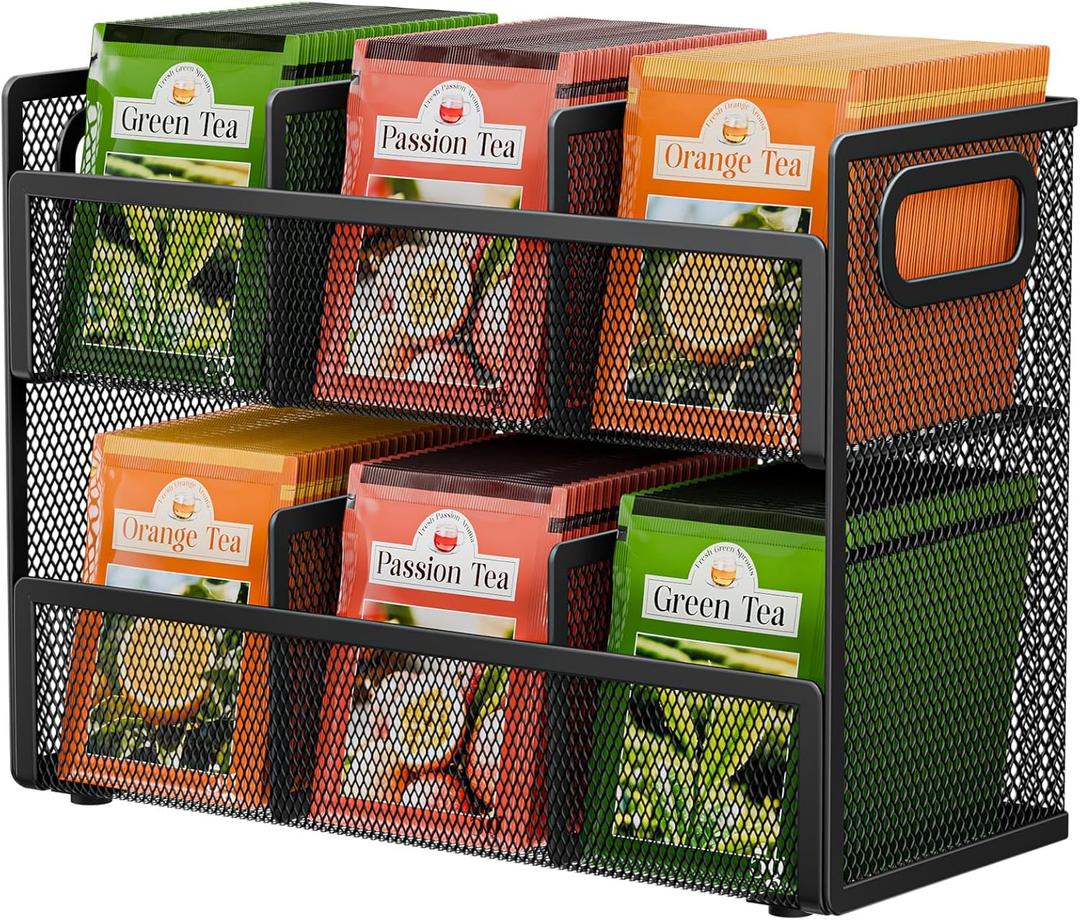2 Tier Tea Bag Organizer, Mesh Tea Bag Holder with Handle, Teabag Holder, Tea Station Organizer for Countertop, Pantry, Kitchen, Cabinet -Black