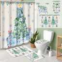 Teenyyou 4 Pcs Christmas Shower Curtains Set with Non Slip Rug Winter Christmas Bathroom Decor Toilet Lid Cover and Bath Mat Snowman Shower Curtain with 12 Hooks (Vintage,White and Blue)