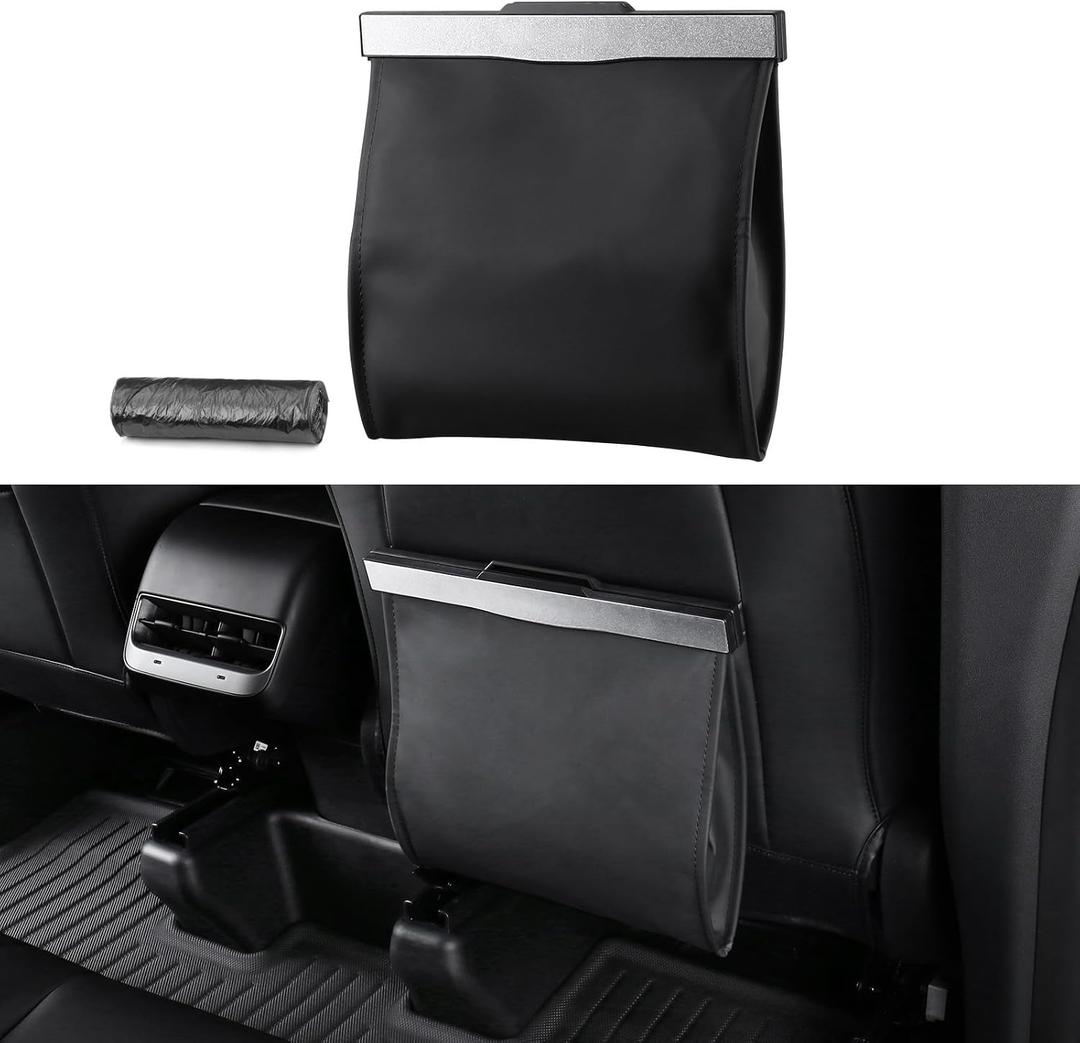 BASENOR 2026 Upgraded Tesla Model Y/3/S/X Cybertruck Trash Can, [Strong Magnetic] [Waterproof] LED Light Garbage Bin Leather Garbage Can, Seat Back Hanging Interior Accessories 2017-2026