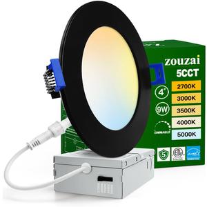 zouzai 1 Pack 4 Inch Black 5CCT Ultra-Thin LED Recessed Ceiling Light with Junction Box, 2700K/3000K/3500K/4000K/5000K Selectable, 9W Eqv 80W, Dimmable led can Lights - ETL and Energy Star Certified