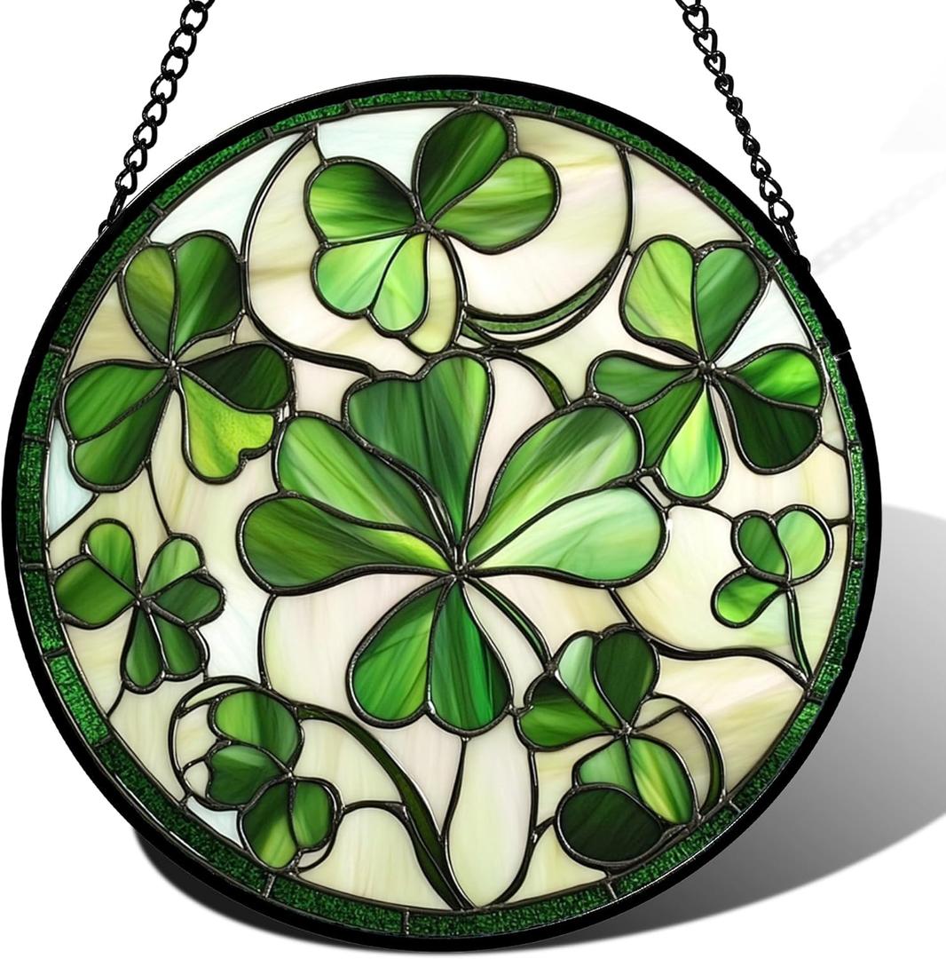 Stained Glass Window Hanging - Ireland Green Lucky Clover Suncatcher for Doors Garden St. Patrick's Day Sun Catchers Decor Mother's Day Birthday for Women Men Mom Nana 7.8 in