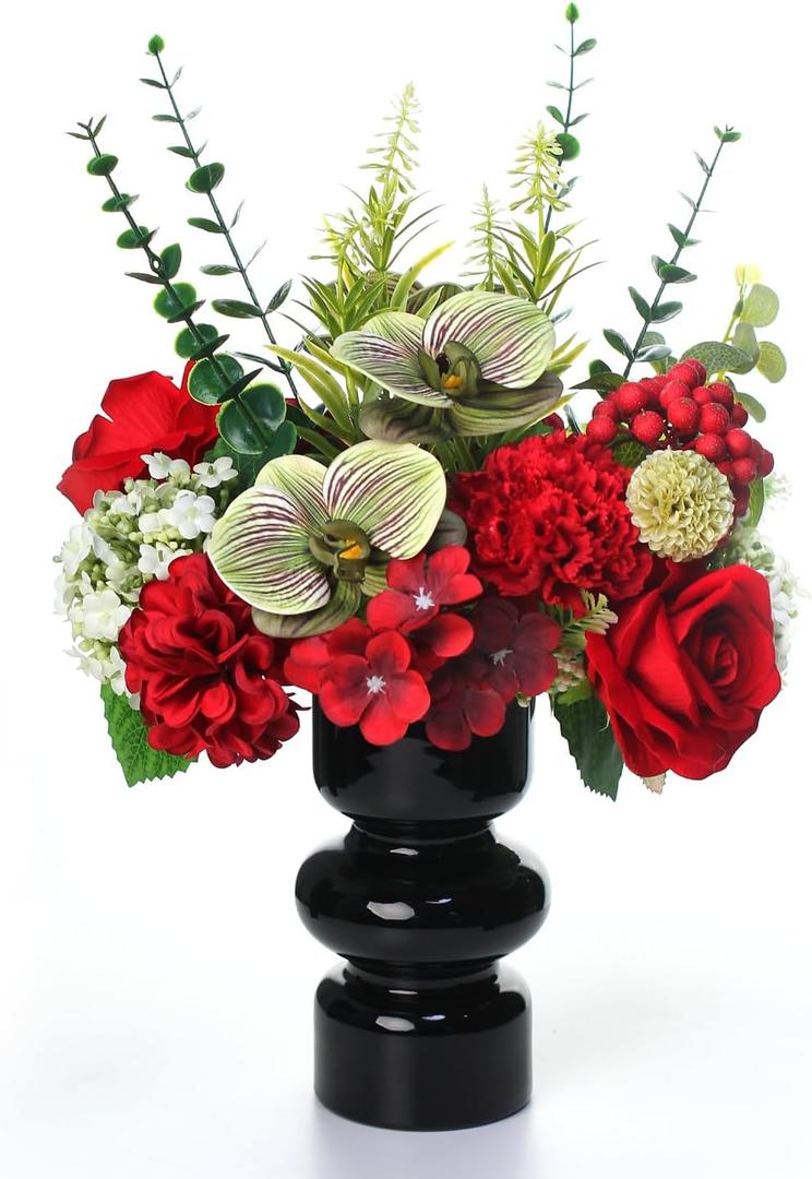Artificial Flower in Black Glass vase, Red Roses,Carnations, Orchids, Artificial Roses in vase,11 x 11 x 16 inches (BGV-Red)