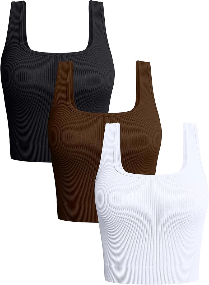 OQQ Women's 3 Piece Tank Tops Ribbed Seamless Workout Exercise Shirts 2025 Summer Basic Camis (Medium, Black Coffee White) OQQ Women's 3 Piece Tank Tops Ribbed Seamless Workout Exercise Shirts 2025 Summer Basic Camis (Medium, Black Coffee White)