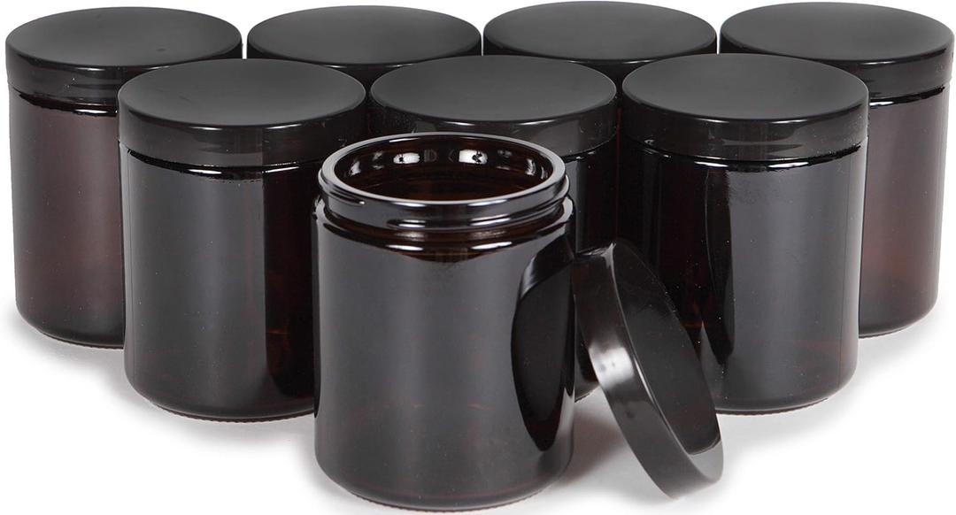 Vivaplex, Amber, 8 ounce, Round Glass Jars, with Black Lids - 8 pack