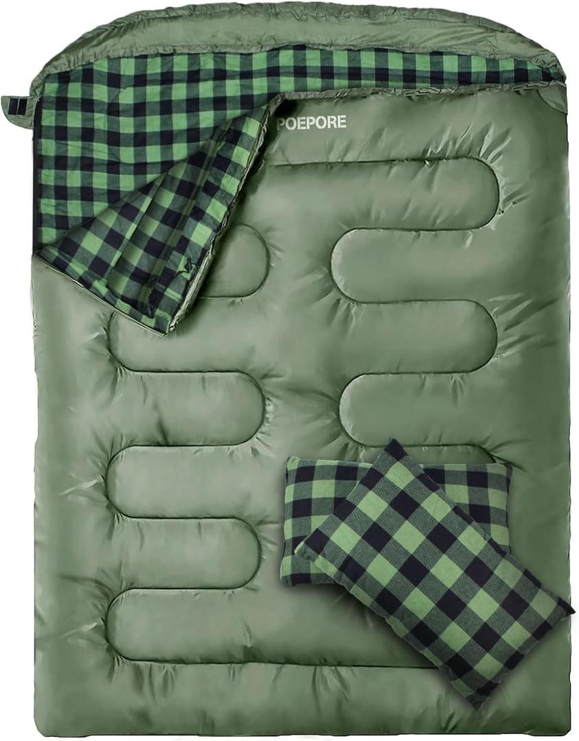 Double Sleeping Bag Flannel for Adults with 2 Pillows 2 Person Sleeping Bags Camping XXL Queen Size Two Person Sleeping Bag for Cold Weather (OLIVE)