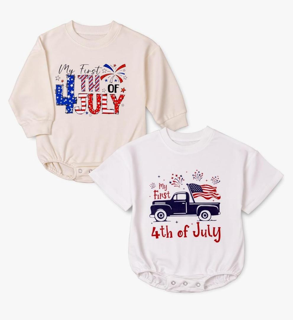 2 PCS 4th of July Baby Romper Patriotic Outfit, My First 4th of July Romper for Baby Boy Girl Independence Day 12-18 Months