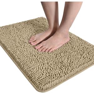 LOCHAS Luxury Bathroom Rug Shaggy Bath Mat 20 x 30 Inch, Washable Non Slip Bath Rugs for Bathroom Shower, Soft Plush Chenille Absorbent Carpets Mats, Beige