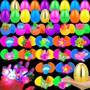 TURNMEON [ 2 Golden Eggs 50 Pack Easter Basket Stuffers for Kids, 50 Prefilled Easter Eggs with 50 LED Light Up Rings Glow in The Dark Easter Eggs Hunt Game Easter Party Favors Classroom Prizes