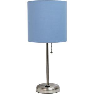 Simple Designs LT2024-BLU Brushed Steel Stick Table Desk Lamp with Charging Outlet and Drum Fabric Shade, Blue Shade (Single Pack)