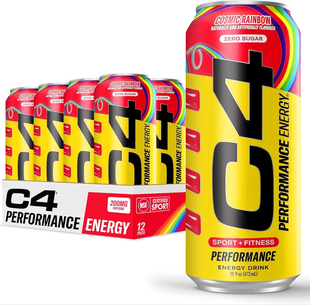 C4 Performance Energy Drink Cosmic Rainbow, Zero Sugar Carbonated Preworkout Energy, 200mg Caffeine with Beta Alanine, 16 Fl Oz (12 Pack) BB: 02/2027