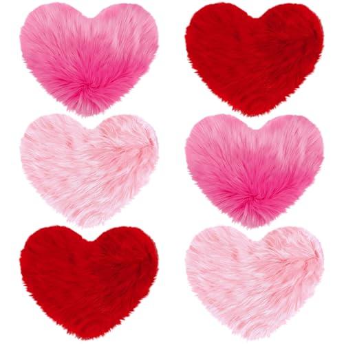 Maasechs 6 Pcs Valentine's Day Heart Shaped Rug for Bedroom Fluffy Faux Fur Rugs Shaggy Floor Mat Valentines Day Bathroom Decor Non Slip Bath Mat 13 x 16 Inch Small Red Pink Doormat for Classroom Home