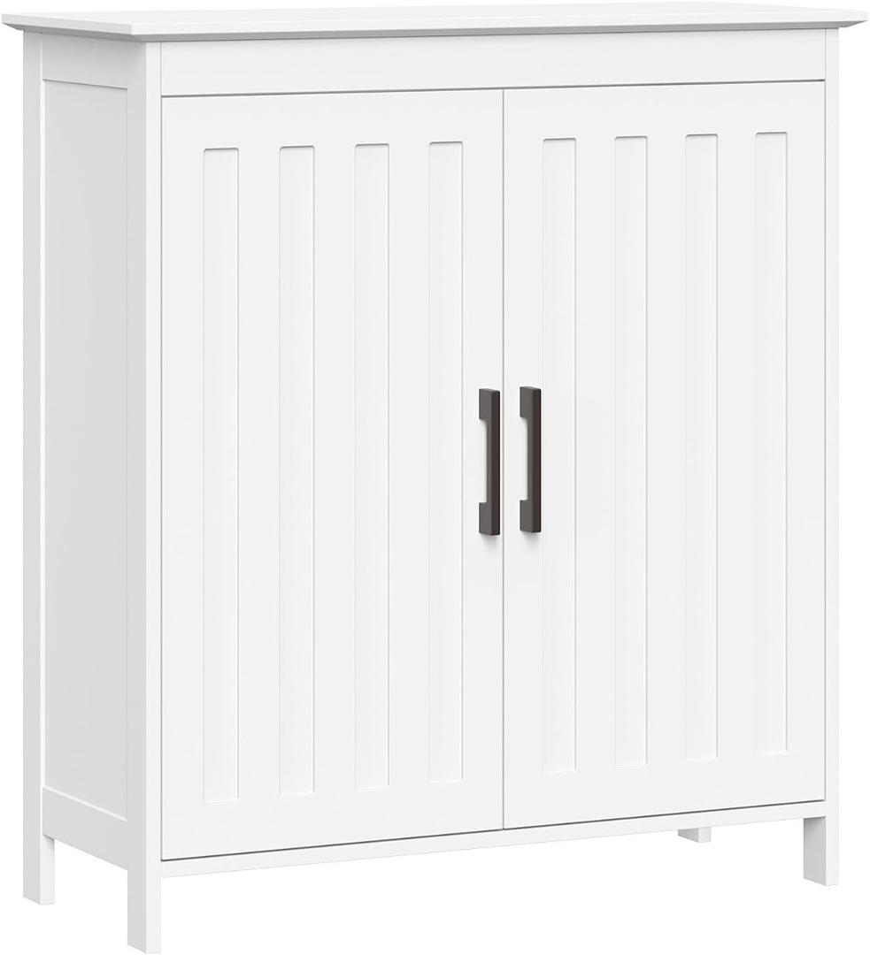 RiverRidge Monroe Two-Door Floor Storage Cabinet - Bathroom Storage Cabinet with Adjustable Shelves - Soft-Close Doors White Finish with Matte Black Handles