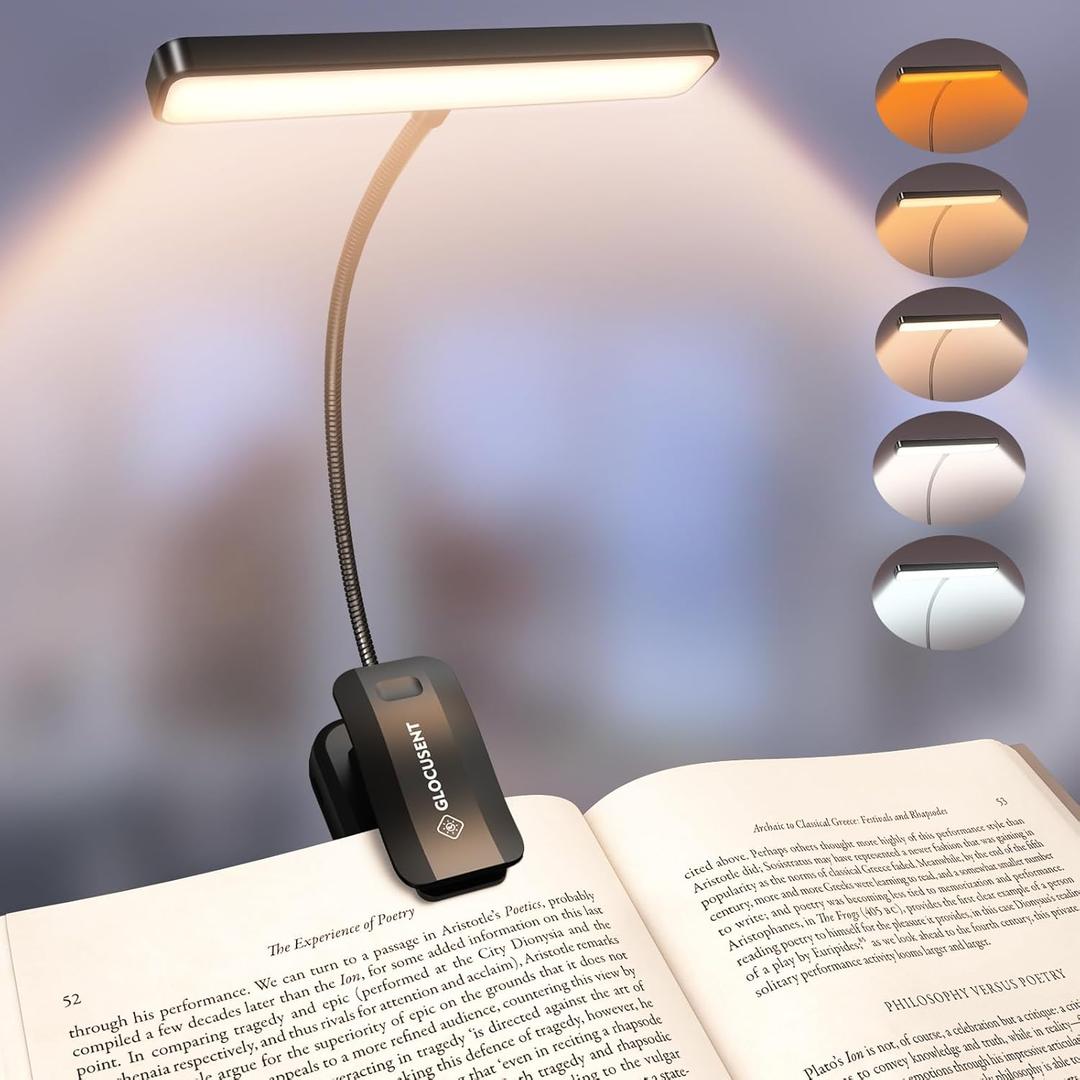 Glocusent 26 LED Book Light, 1200 mAh 90 Hrs Lasting Rechargeable Reading Light, 5 Amber Colors & Stepless Dimming Book Reading Light - Portable Clip on Light for Book Lovers Kids (Black)