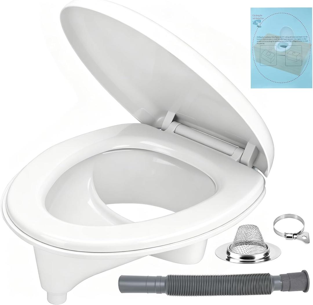 Upgraded Large Composting Toilet Urine Diverter&Toilet Seat DIY Kit,Complete Wrap-Around Urine Separator with Stainless Steel Sink Lid,Drain Hose and Cutout Sticker, ABS Material for Composting Toilet