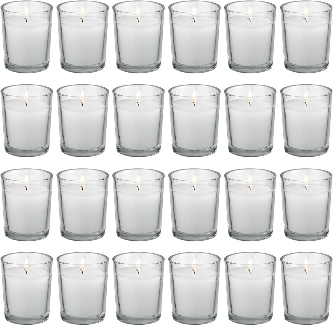 Flamecan 24 Pack Clear Glass Filled White Votive Candles. Unscented Votive Candles for Home Decor Spa Weddings Birthdays Holidays Party