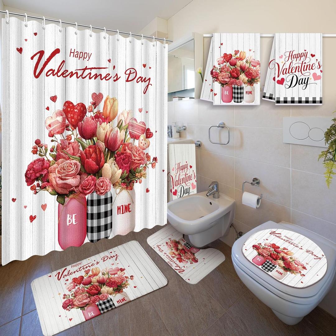 Nuanchu 6 Pcs Valentines Day Shower Curtain Set with Rug Bathroom Sets with Shower Curtain Bath Mat U Shaped Mat Toilet Lid Cover 2 Bath Towels and 12 Hooks Valentines Day Rose Heart Bathroom Decor