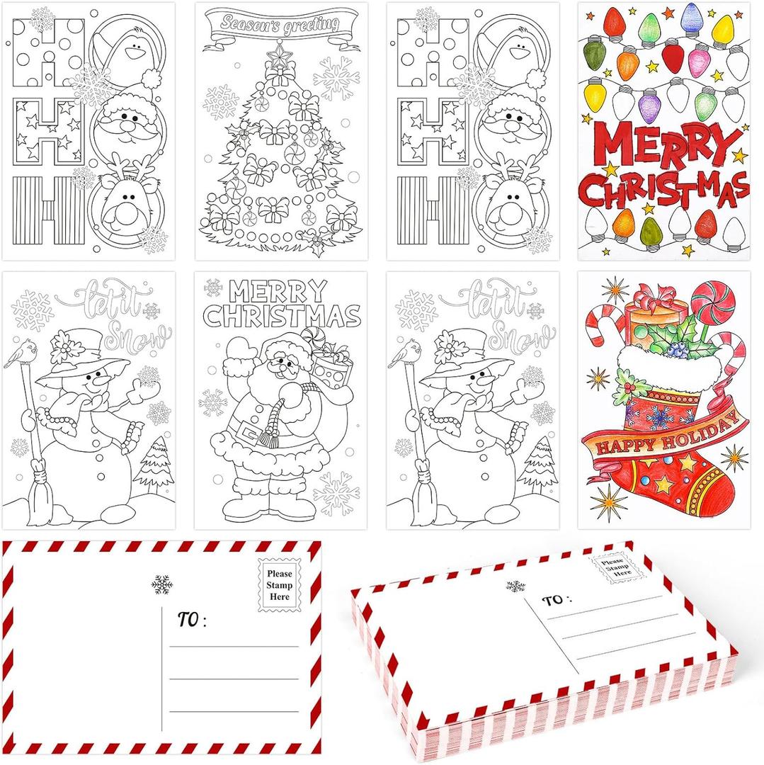 Whaline 48 Pack Blank Christmas Color Your Own Postcards to Santa 6 Designs Coloring Merry Xmas Greeting Letter Cards Wish List Writing for Family School Classroom Party Favors, 4 x 6 In