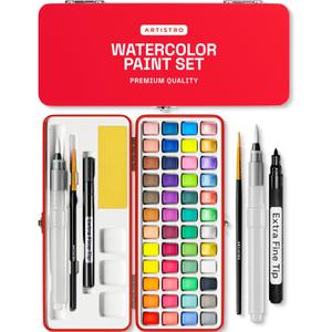 ARTISTRO Watercolor Paint Set in Portable Box, Includes Metallic and Fluorescent Paints, 2 x Brushes, Watercolour Paper, Acrylic Markers, Travel  Kit for Artists and Beginners