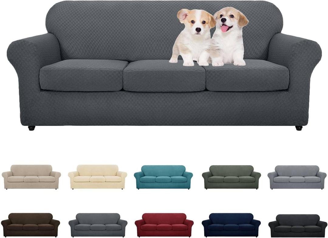 MAXIJIN 4 Piece Couch Covers for 3 Cushion Couch Super Stretch Non Slip Couch Cover for Dogs Pet Friendly Elastic Jacquard Furniture Protector Sofa Slipcovers (Sofa, Dark Gray) (Large (3 Cushion))