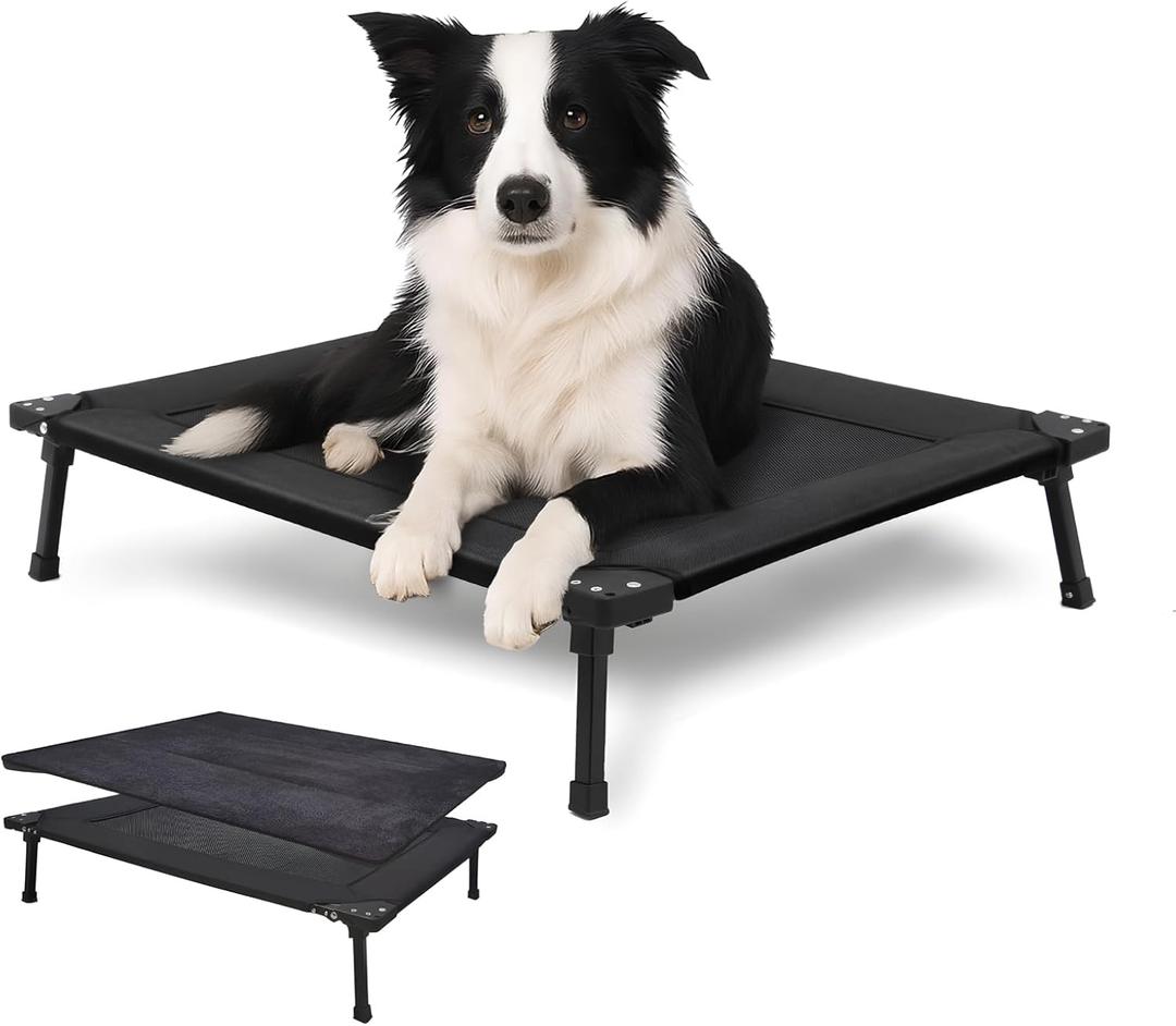 Pozico Elevated Outdoor Dog Bed - Foldable Cooling Dog Cot with Metal Frame, Portable Camping Pet Bed for Medium & Small Dogs, Breathable Mesh for Indoor & Outdoor Use, Black - L